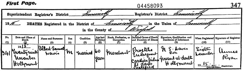 Death Certificate of Albert Samuel Davis - 29 November 1915