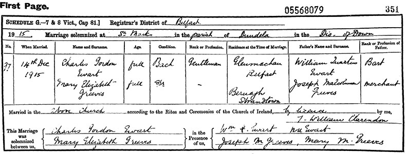 Marriage Certificate of Charles Gordon Ewart and Mary Elizabeth Greeves - 14 December 1915