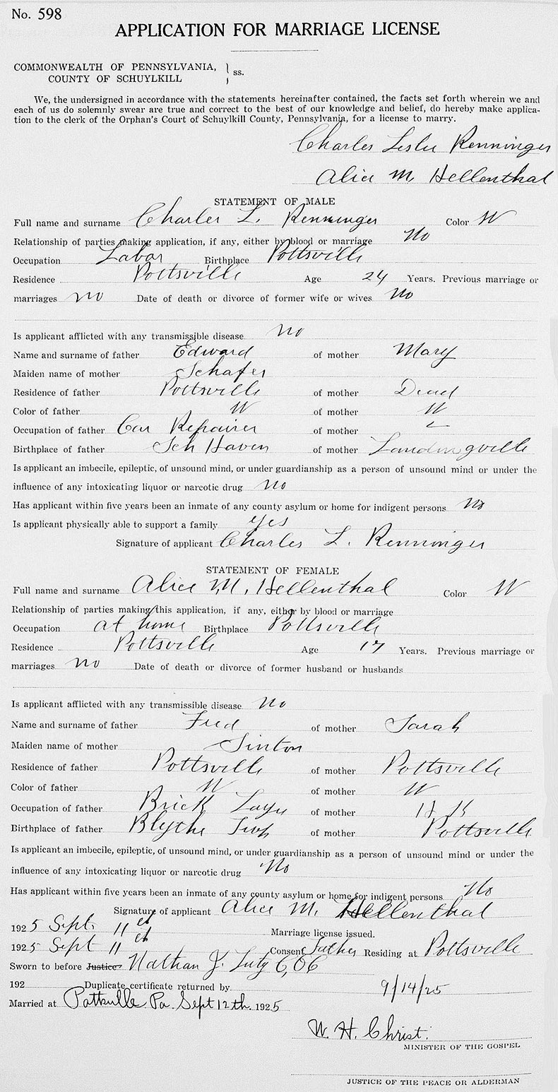 Marriage License of Charles Leslie Renninger and Alice M. Hellenthal - 12 September 1925