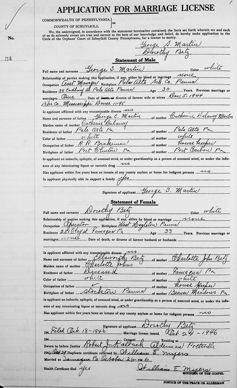 Marriage certificate of George Sterling Martin and Dorothy Betz