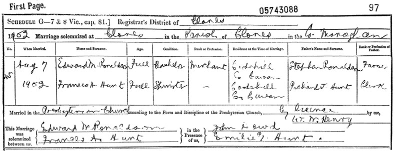 Marriage Certificate of Edward Ronaldson and Frances Anderson Hunt - 7 August 1902