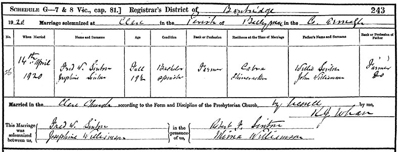 Marriage Certificate of Frederick William Sinton and Anna Jane Josephine Williamson - 14 April 1920