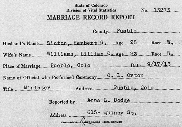 Wedding record for Herbert George Sinton and Lillian Clare Williams