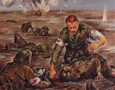 Painting of Capt. Sinton attending wounded soldier