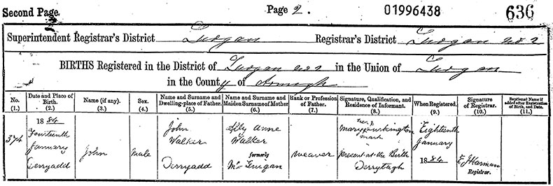 Birth Certificate of John Walker - 14 January 1884