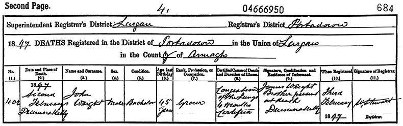 Death Certificate of John Wright - 2 February 1897