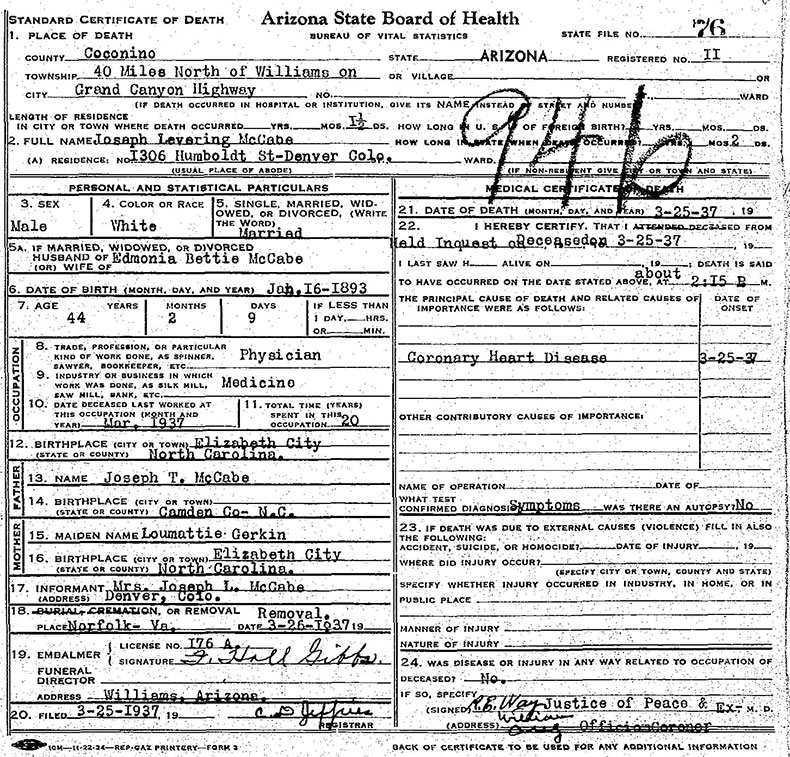 Death Certificate for Joseph Levering McCabe - 25 March 1937