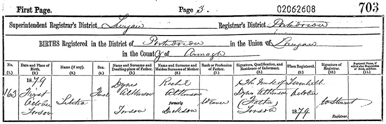 Birth Certificate of Letitia Atkinson - 1 October 1879