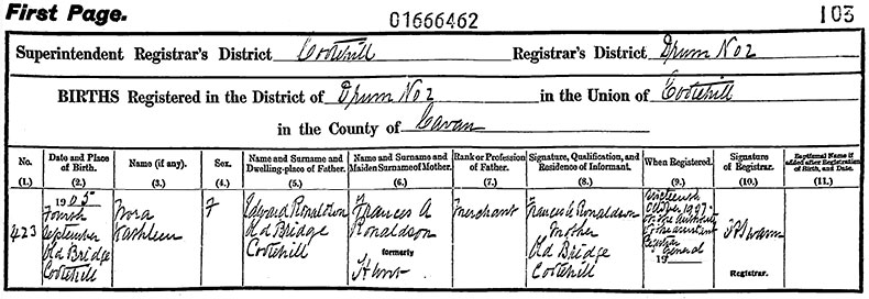 Birth Certificate of Nora Kathleen Ronaldson - 4 September 1905