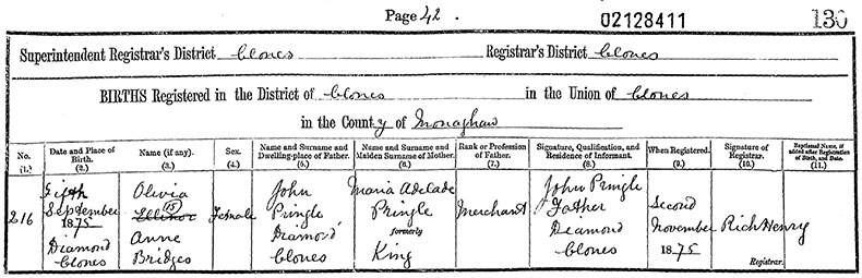 Birth Certificate of Olivia Ann Bridges Pringle - 5 September 1875