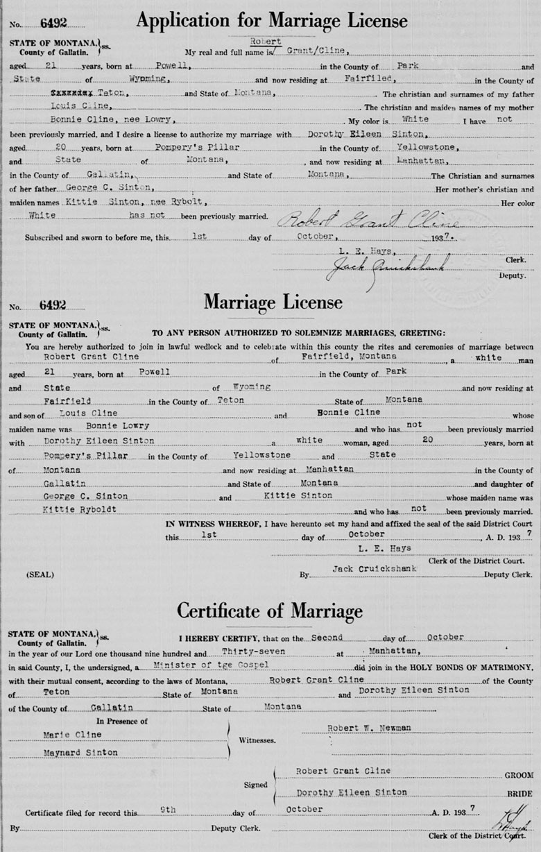 Marriage License and Certificate of Robert Grant Cline and Dorothy Eileen Sinton
