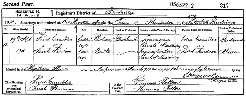 Marriage Certificate of David Camblin and Sarah Davidson - 29 September 1910