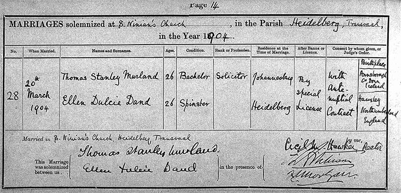 Marriage Certificate of Thomas Stanley Murland and Ellen Dulcie Dand - 20 March 1904